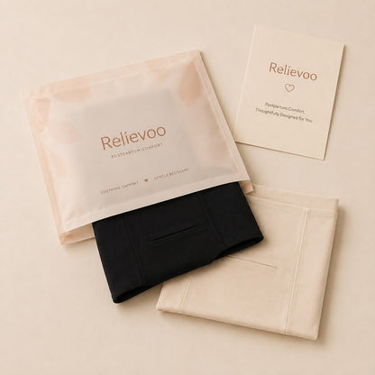 Relievoo twin pack pouch with the two folded postpartum soothing briefs and welcome card