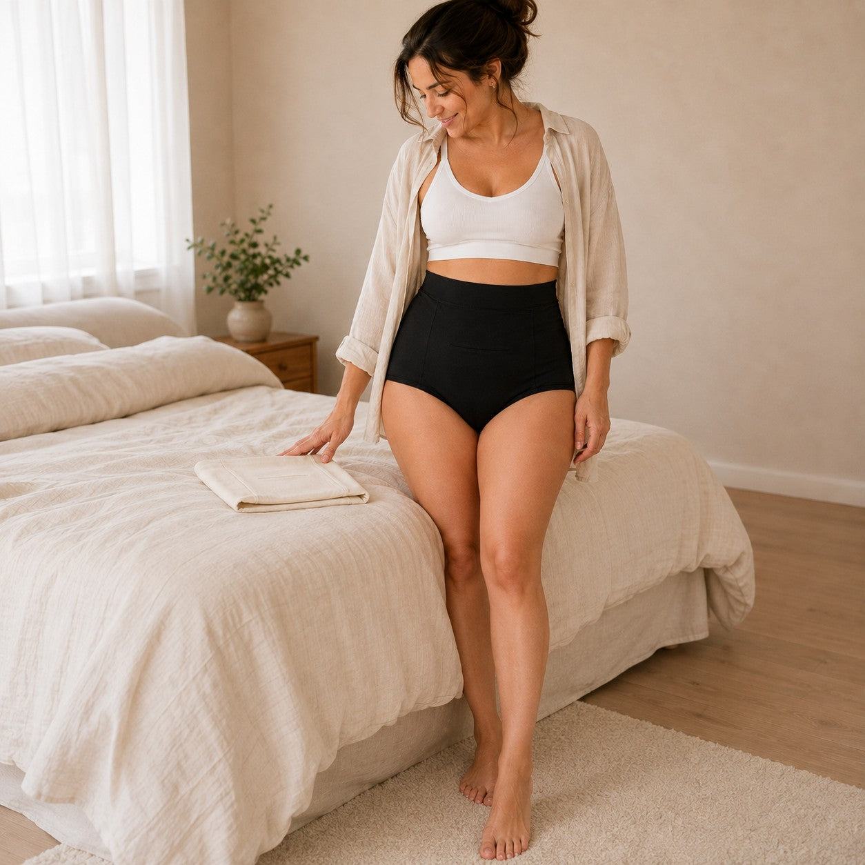 Mum wearing the black postpartum soothing brief with the second ivory pair folded on the bed