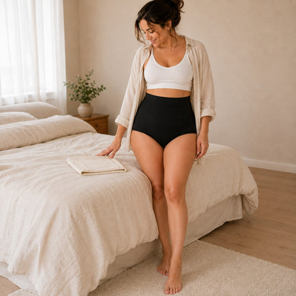 Mum wearing the black postpartum soothing brief with the second ivory pair folded on the bed