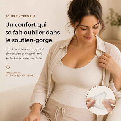 Récupérateur de lait Relievoo porté discrètement dans le soutien-gorge grâce à son profil très fin