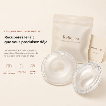 Récupérateurs de lait maternel Relievoo avec leur pochette de rangement et la carte d'utilisation et d'entretien, sur fond crème