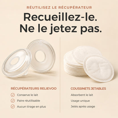 Récupérateurs de lait réutilisables Relievoo comparés à des coussinets d'allaitement jetables