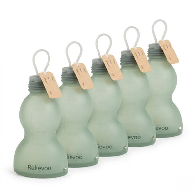 Relievoo reusable silicone breast milk storage bags 5-pack with measurement markings and hanging loops — eco-friendly, BPA-free