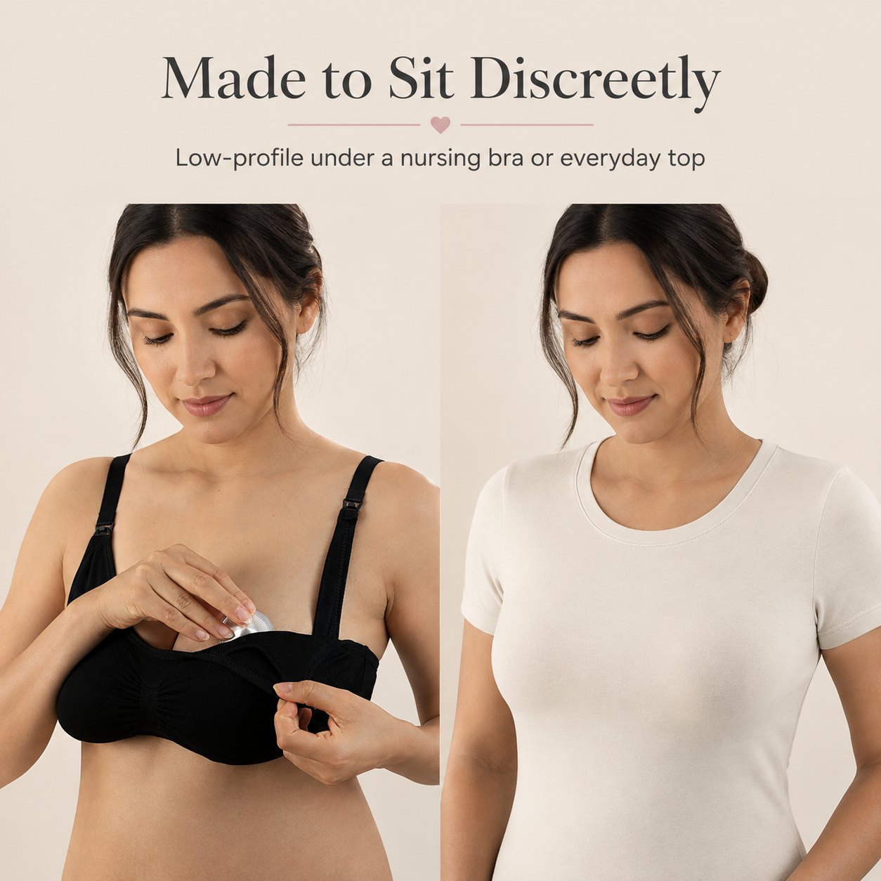 Mother wearing silver nursing cups under a black nursing bra, then unseen under a plain white tee rvpumpen