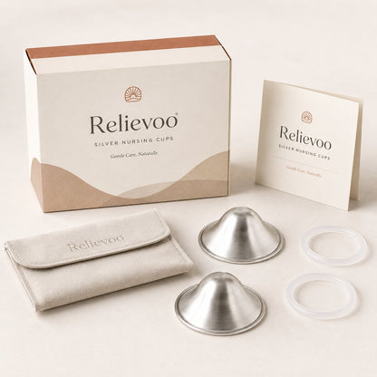 Relievoo silver nursing cups gift box with a suede pouch, two cups, two rings and a care card