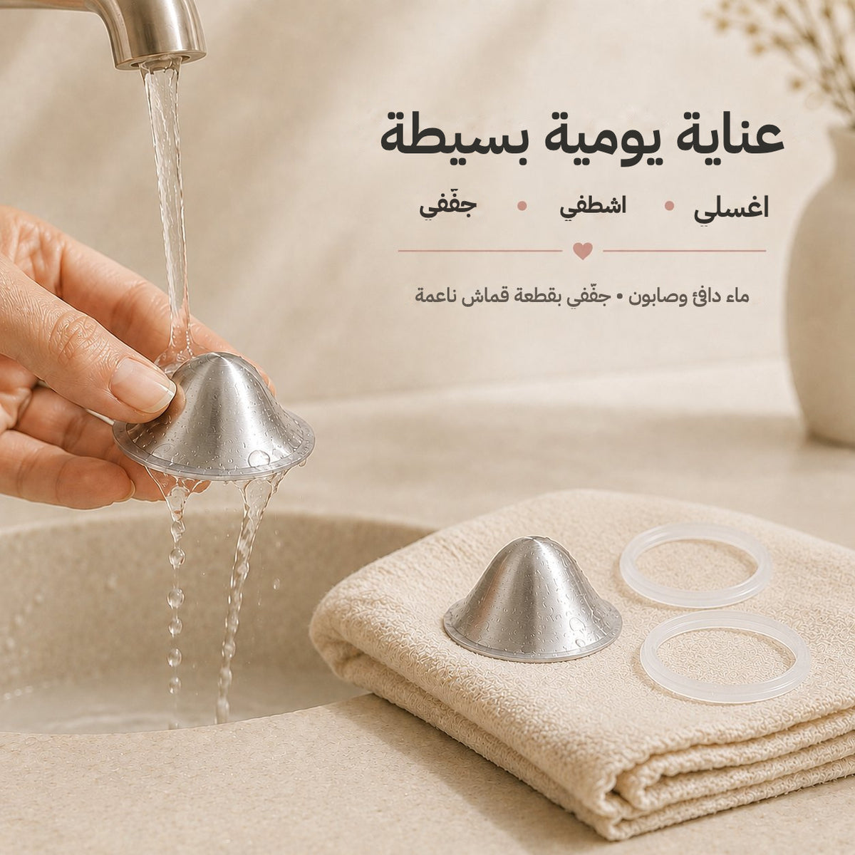 Hands washing a silver nursing cup under warm running water above a cream bathroom basin