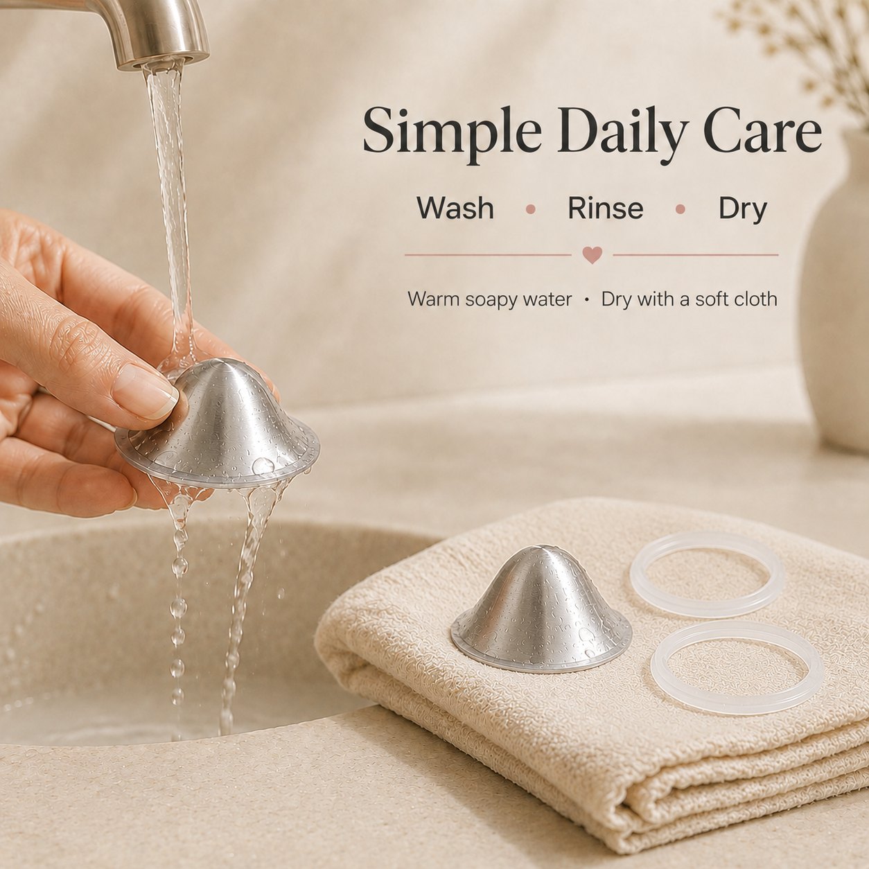 Hands washing a silver nursing cup under warm running water above a cream bathroom basin rvpumpen