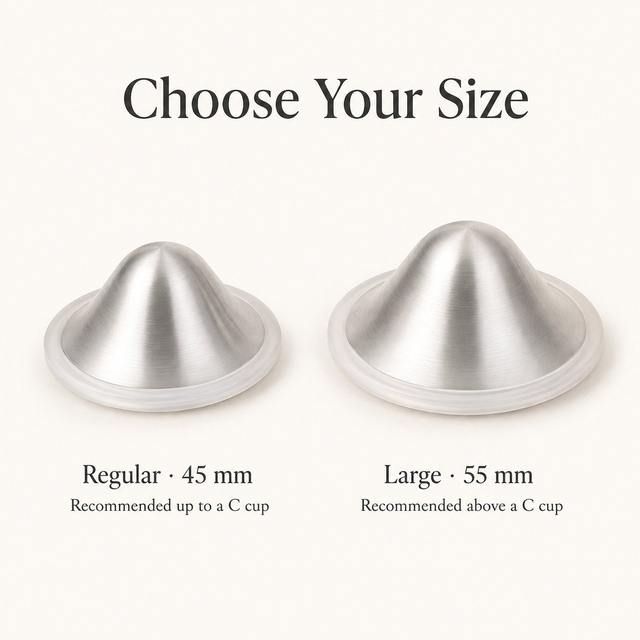 Two silver nursing cups side by side, the 45 mm regular next to the wider 55 mm large size rvpumpen