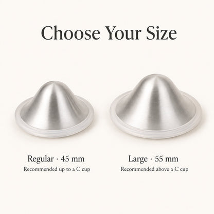 Two silver nursing cups side by side, the 45 mm regular next to the wider 55 mm large size rvpumpen