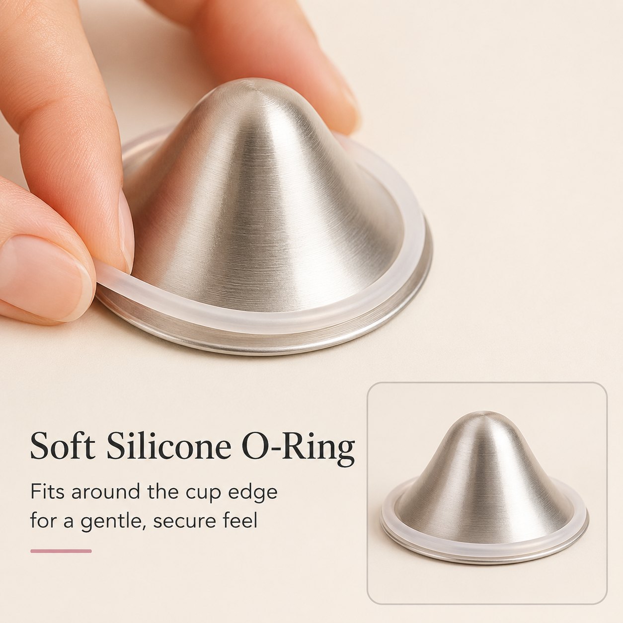 Fingers easing a soft clear silicone o-ring around the outer rim of a silver nursing cup rvpumpen
