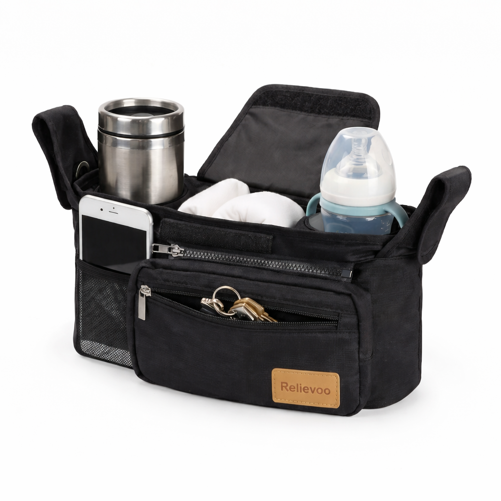 Relievoo Universal Stroller Organiser — front view with cup holders