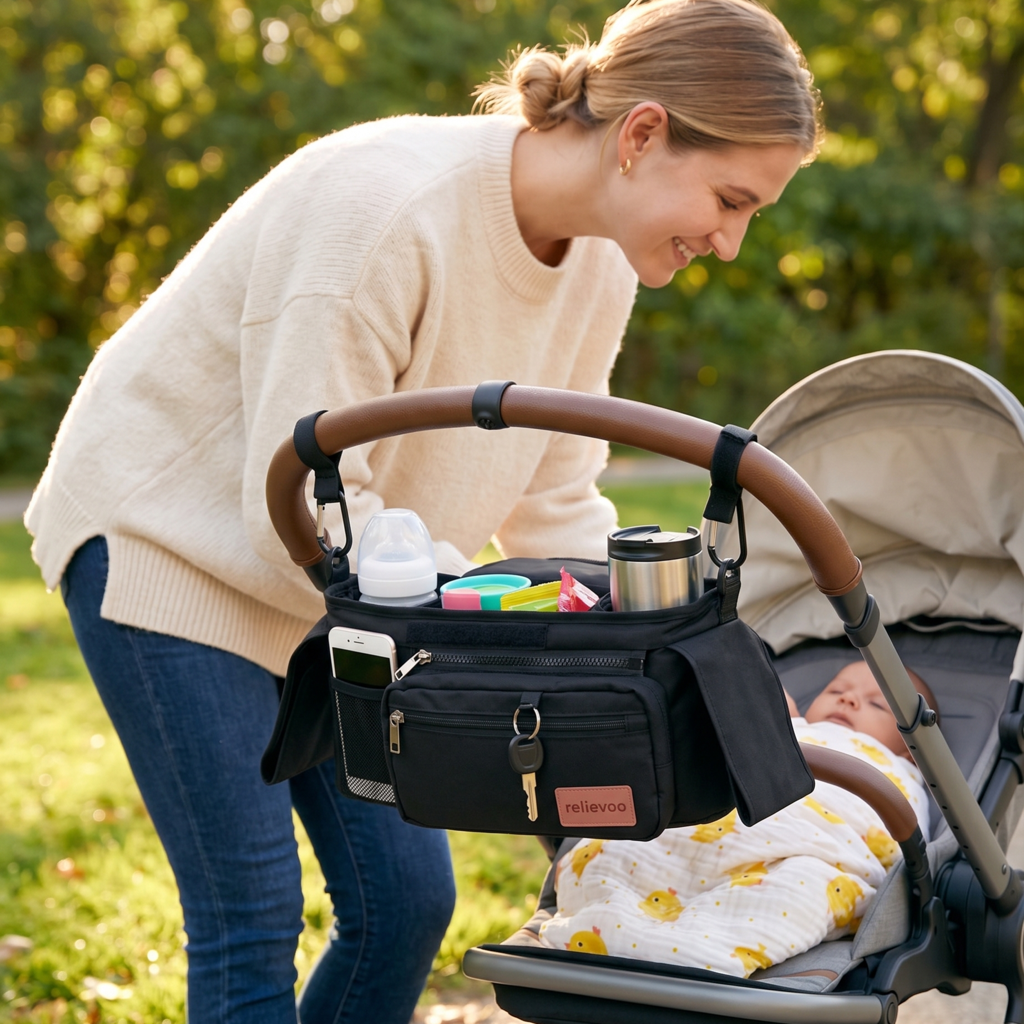 Relievoo Stroller Organiser — lifestyle mum and baby in park