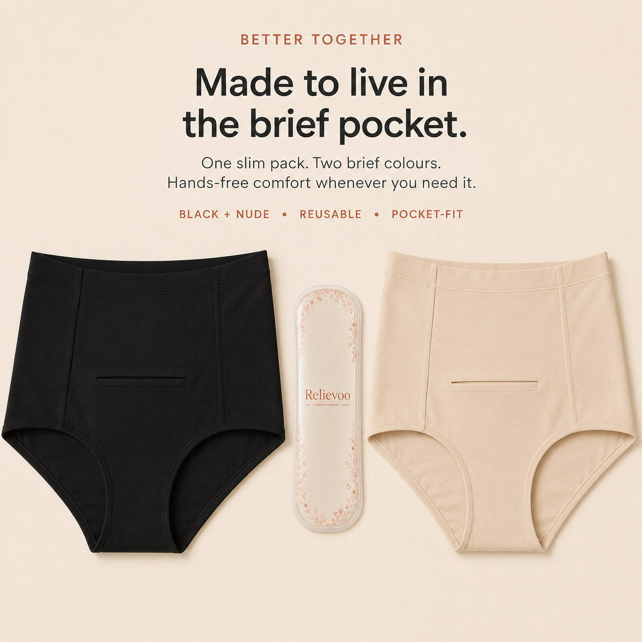 Relievoo therapy pack between black and nude postpartum briefs with a built-in front pocket