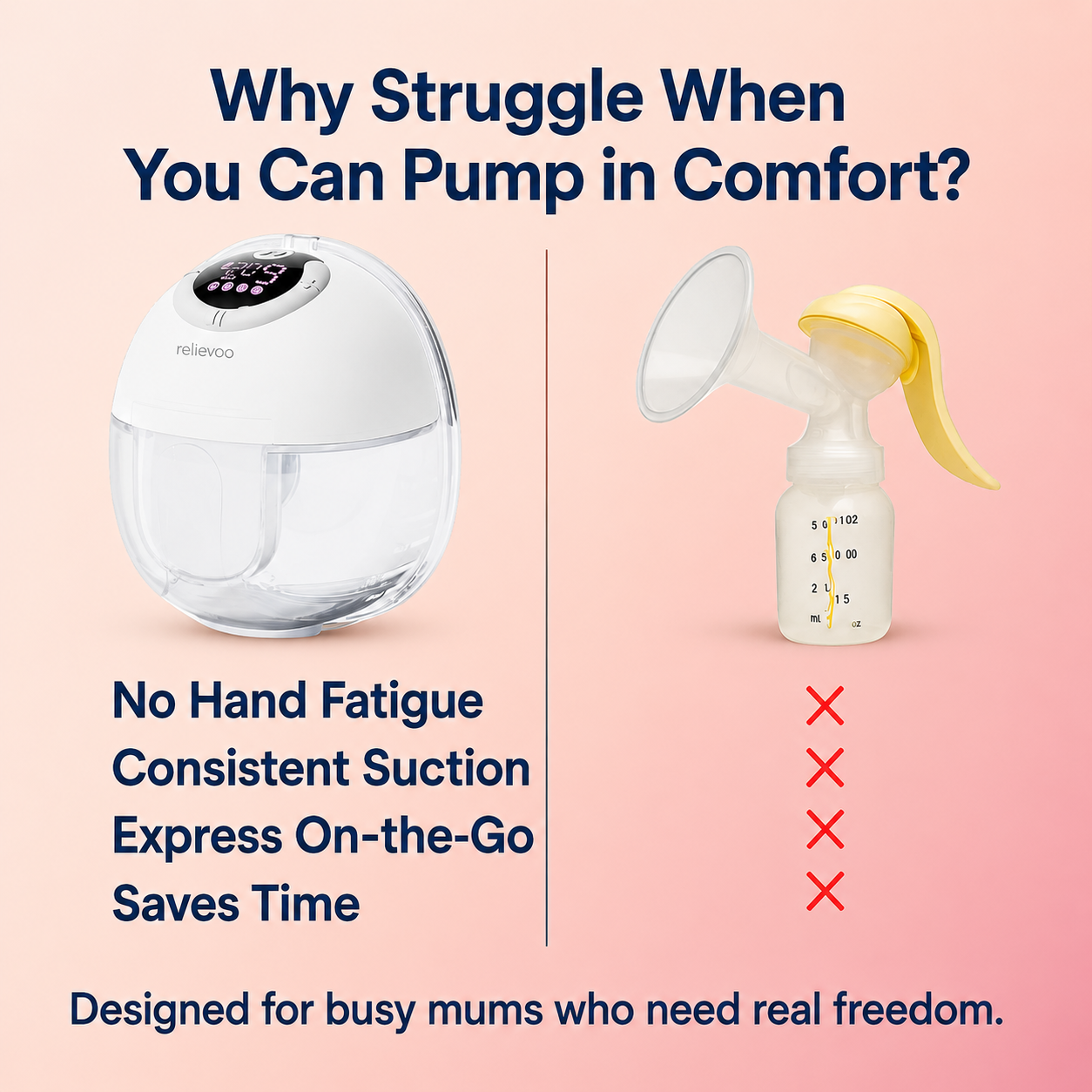 Relievoo wearable breast pump vs a manual pump — no hand fatigue, consistent suction, express on-the-go, saves time. Pump in comfort, hands-free.