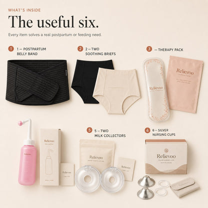 The six items in the Relievoo complete bundle numbered one to six: belly band, two soothing briefs, therapy pack, peri bottle, two milk collectors and silver nursing cups rvpumpen