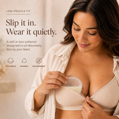 Woman slipping a soft Relievoo breast milk collector inside her nursing bra rvpumpen