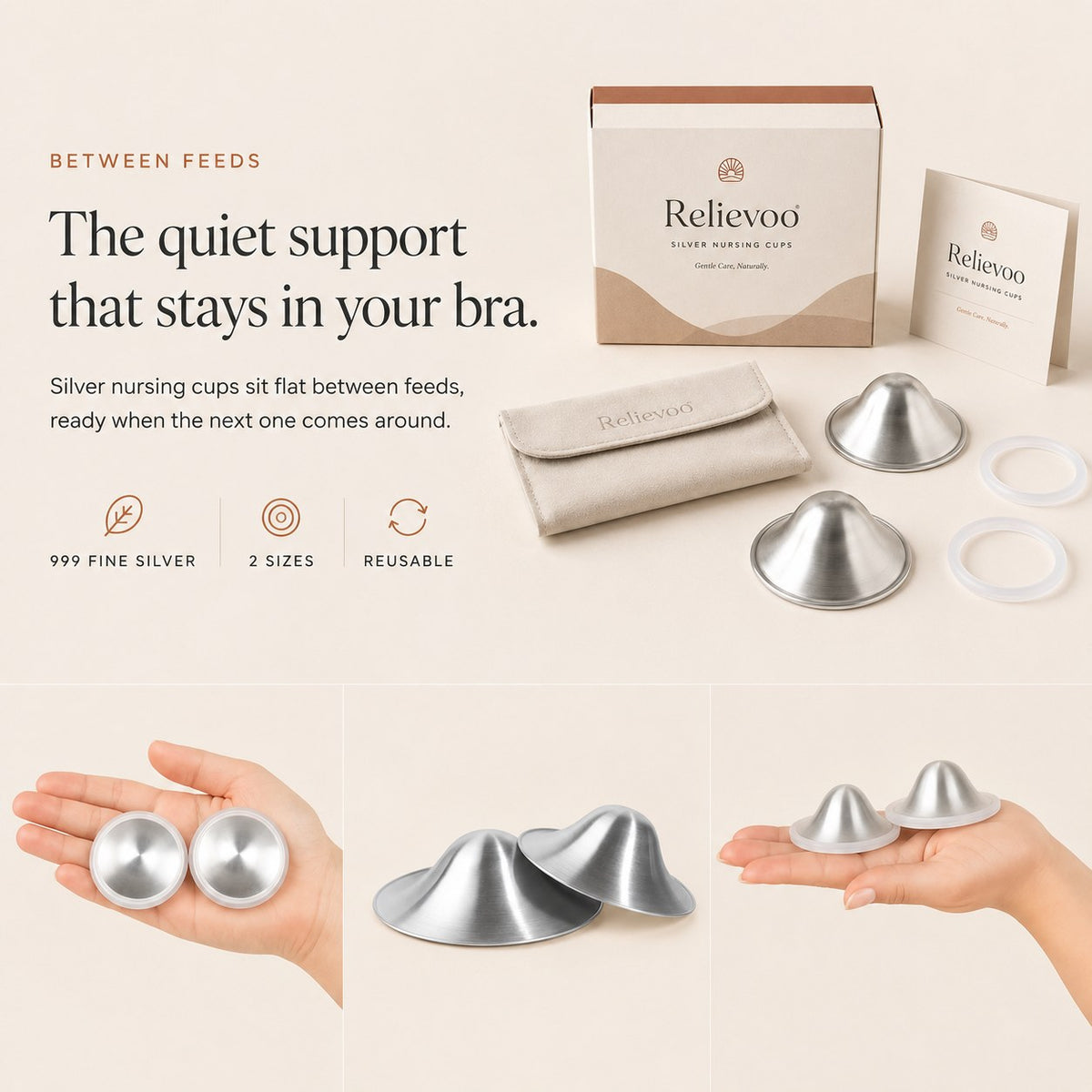 Relievoo 999 silver nursing cups shown with their box, travel pouch and silicone rings rvpumpen
