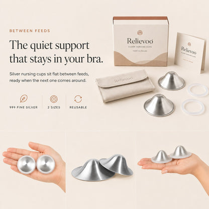 Relievoo 999 silver nursing cups shown with their box, travel pouch and silicone rings rvpumpen