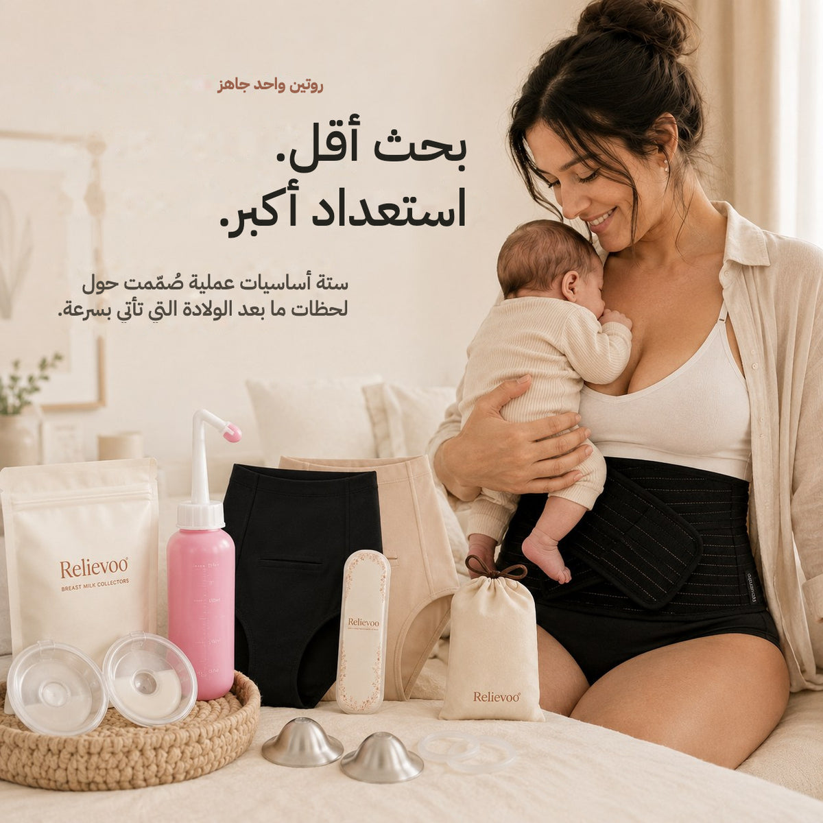 Mother holding her newborn with the six Relievoo postpartum bundle items beside her