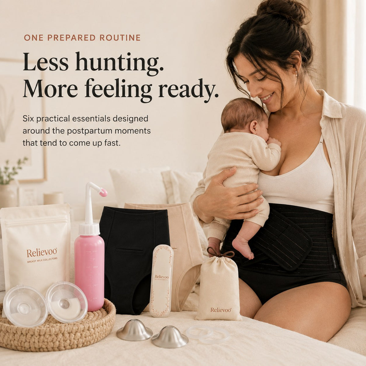 Mother holding her newborn with the six Relievoo postpartum bundle items beside her rvpumpen rvhasar