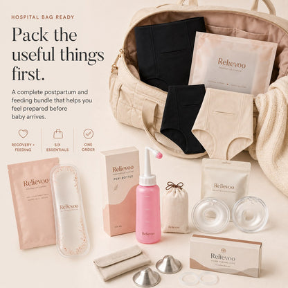 The Relievoo complete postpartum bundle packed into a hospital bag with briefs, therapy pack, peri bottle, milk collectors and silver nursing cups rvpumpen