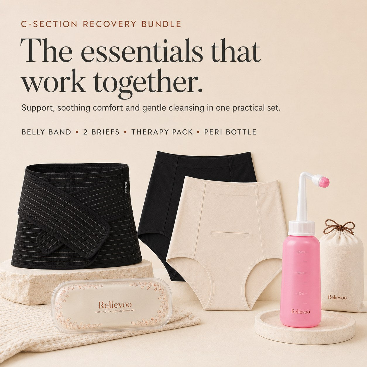 The four Relievoo C-section recovery essentials laid out together: belly band, two soothing briefs, hot and cold therapy pack and peri bottle