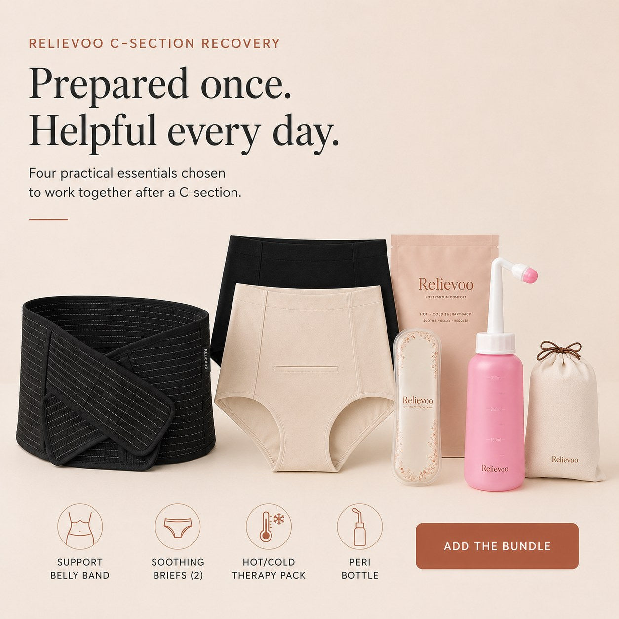 The complete Relievoo C-section recovery bundle laid out: belly band, two briefs, therapy pack and peri bottle