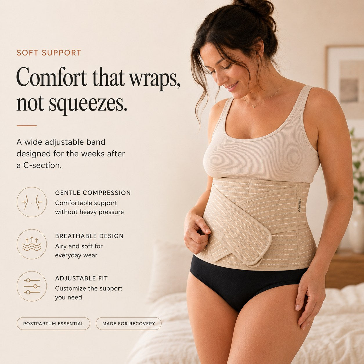 Woman wearing the tan Relievoo postpartum belly band above a caesarean scar