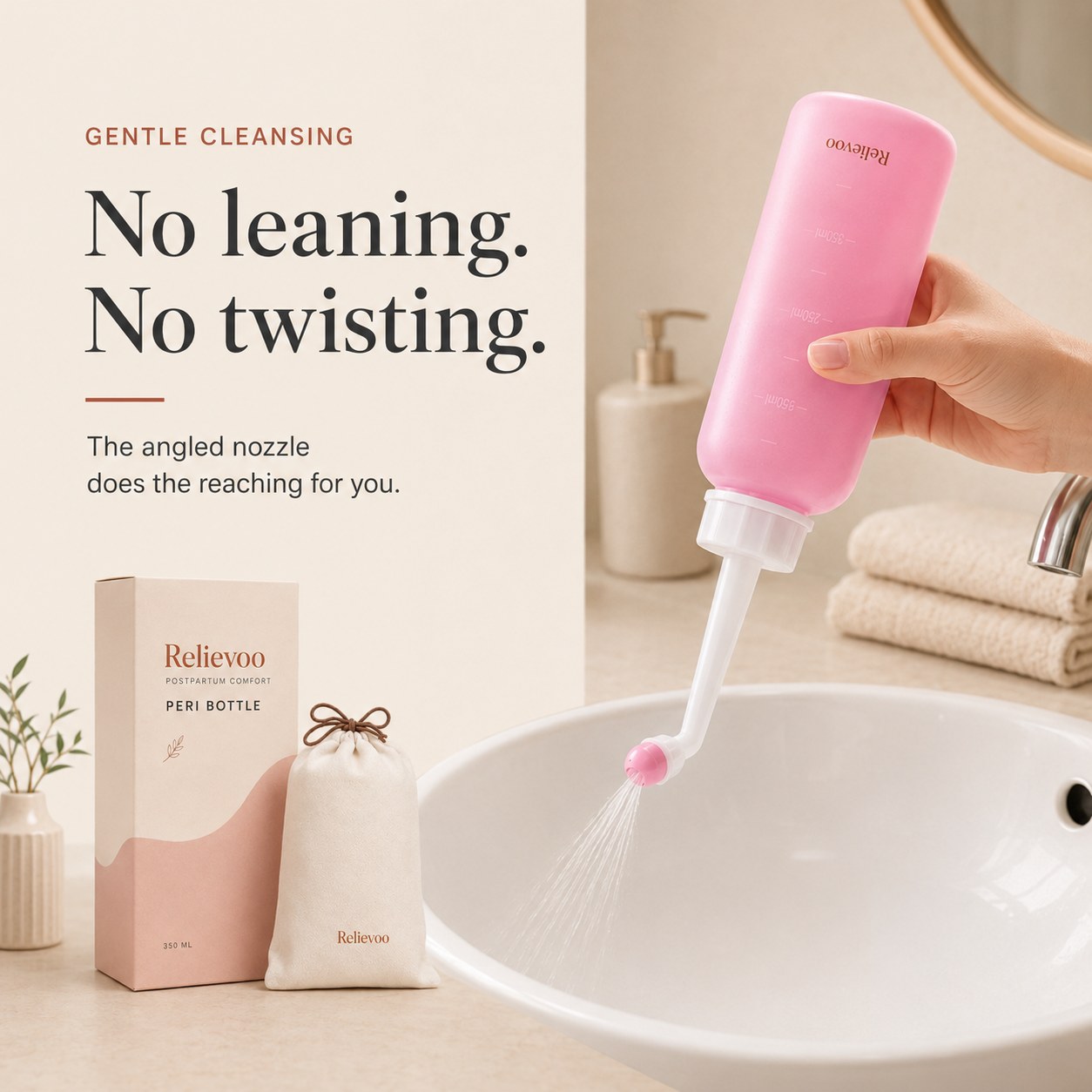 The Relievoo peri bottle in use with its box and travel pouch on a bathroom counter