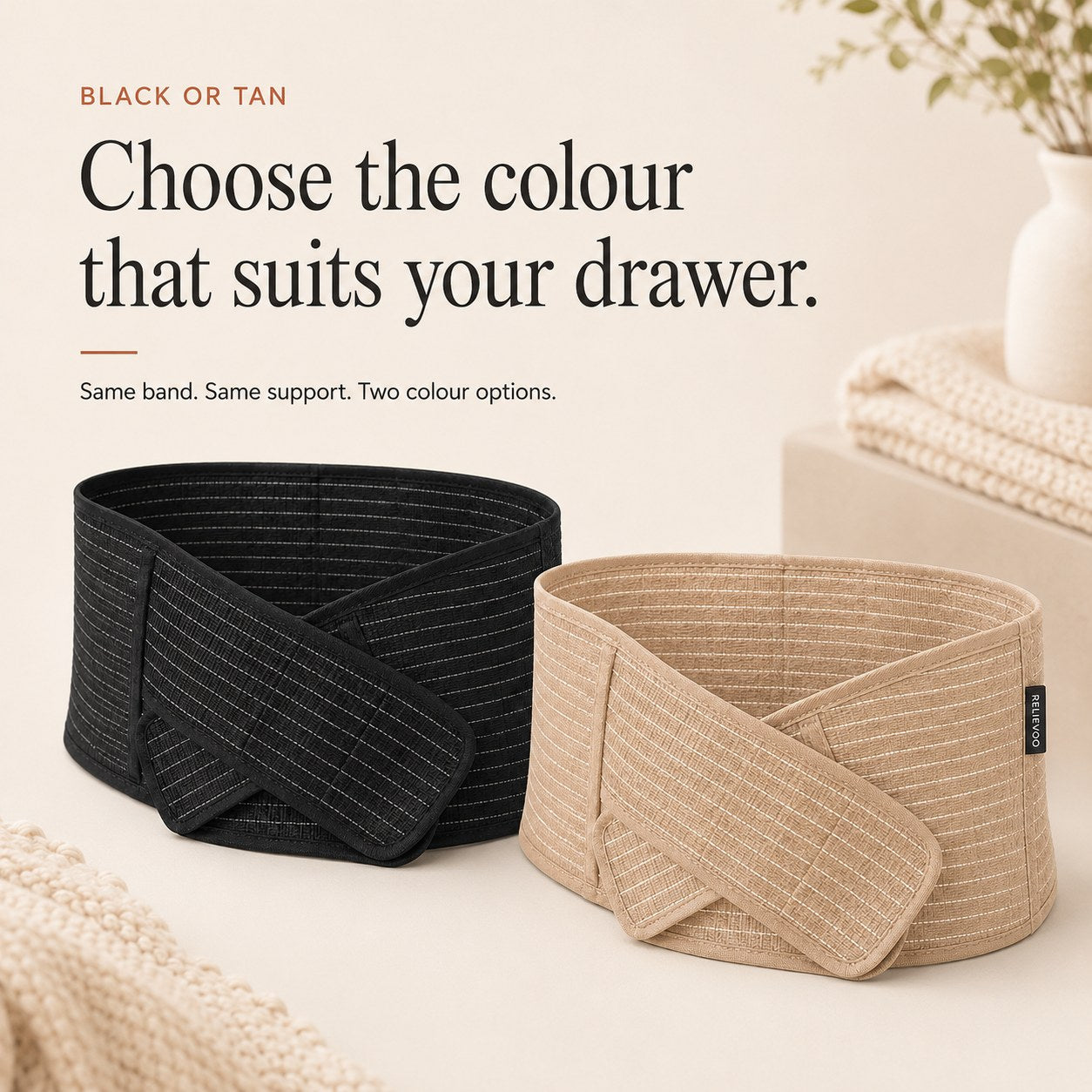The Relievoo postpartum belly band shown side by side in black and in tan