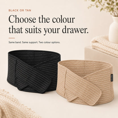 The Relievoo postpartum belly band shown side by side in black and in tan
