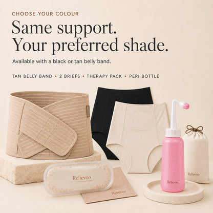 The Relievoo C-section bundle with the tan belly band, two soothing briefs, therapy pack and peri bottle