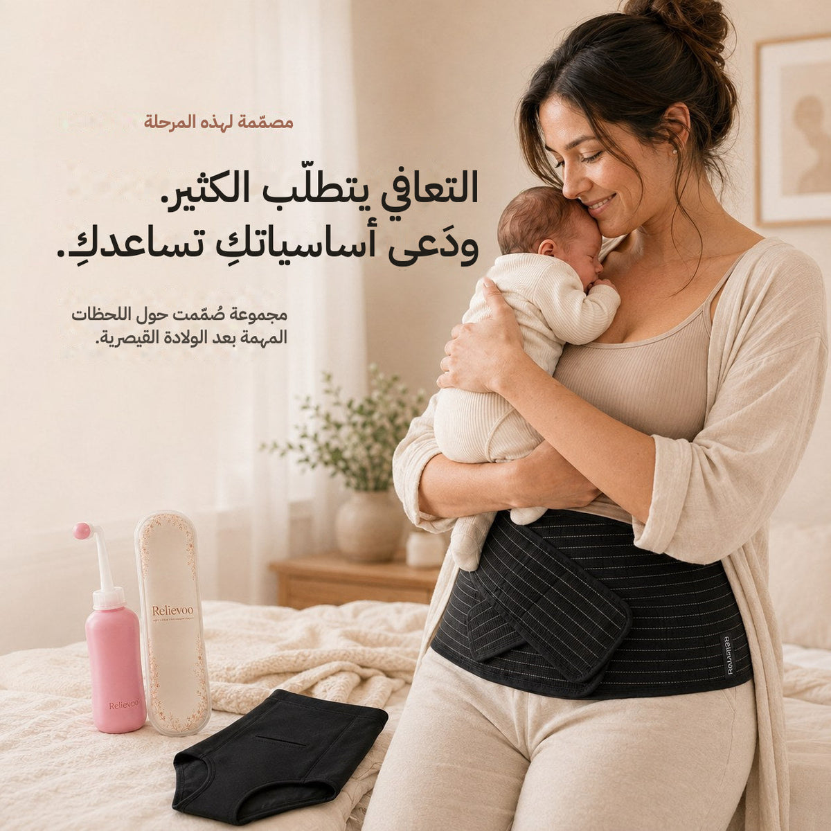 Mother holding her newborn while wearing the Relievoo belly band, with the bundle items beside her