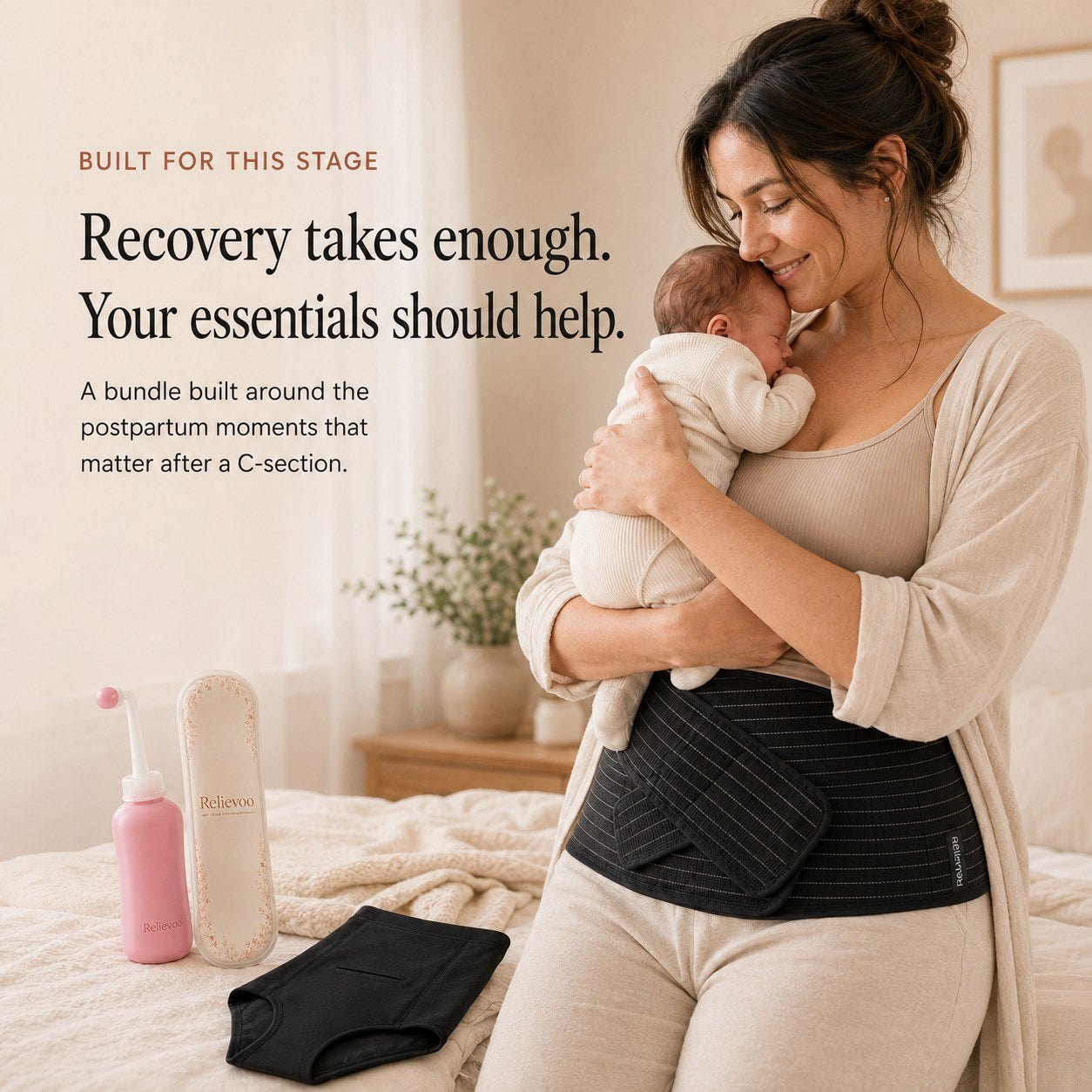 Mother holding her newborn while wearing the Relievoo belly band, with the bundle items beside her