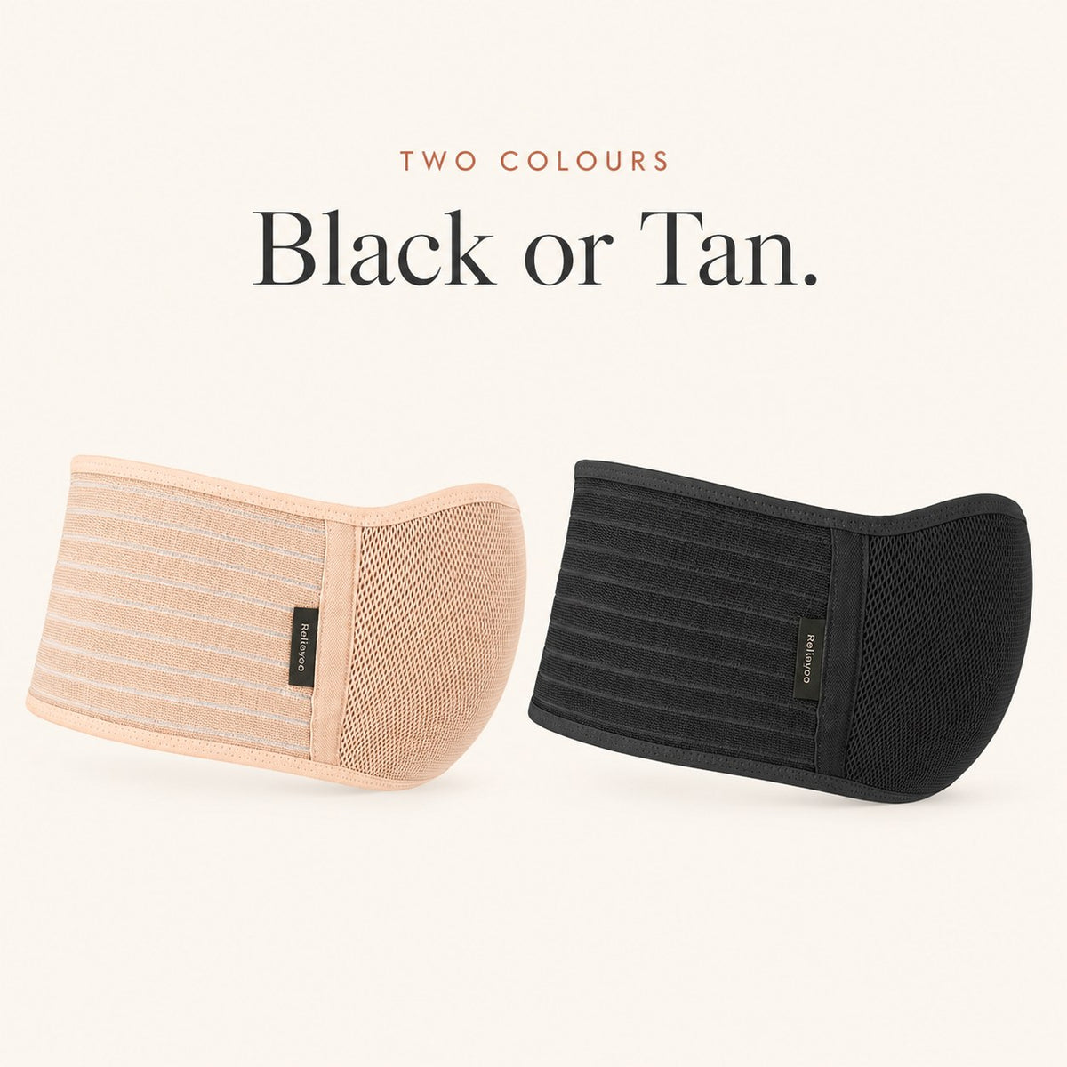 The Relievoo pregnancy support belt in tan and in black side by side on a cream background rvpumpen