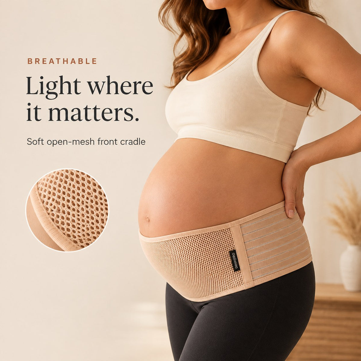 Soft open-mesh front cradle of the Relievoo pregnancy support belt shown in close-up rvpumpen