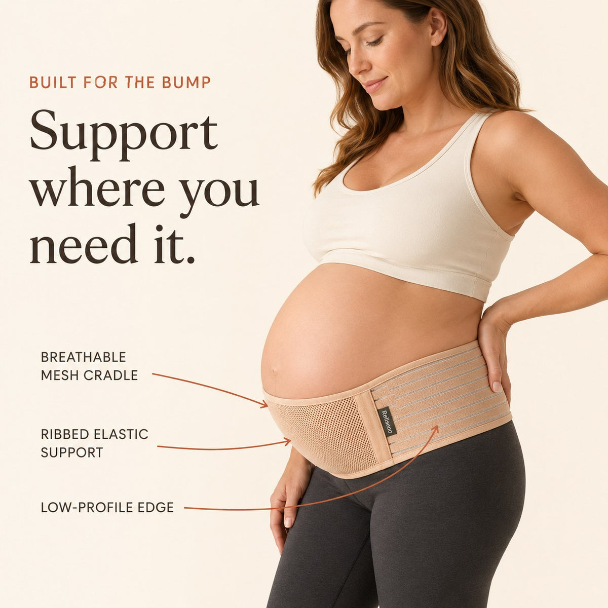 Relievoo pregnancy support belt labelled with its mesh cradle, ribbed elastic support and low-profile edge rvpumpen