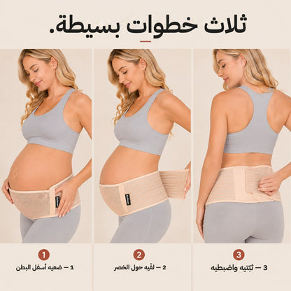 Three steps to put the Relievoo pregnancy support belt on: support under, wrap around, secure and adjust