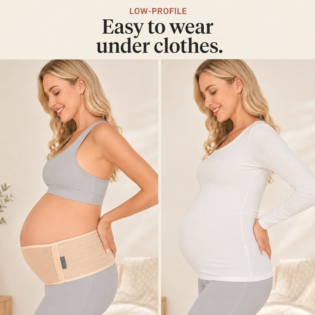 The Relievoo pregnancy support belt worn on the skin and then hidden under a long sleeve top rvpumpen