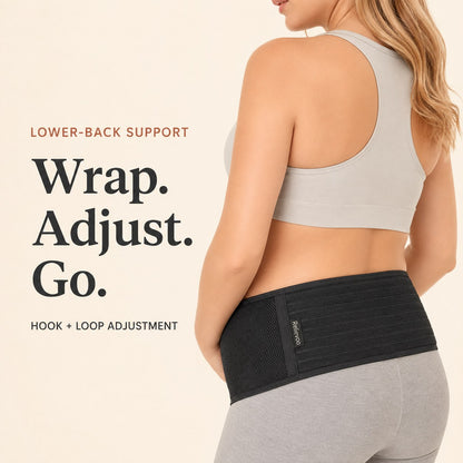 Back view of the black Relievoo pregnancy support belt showing the hook and loop adjustment rvpumpen