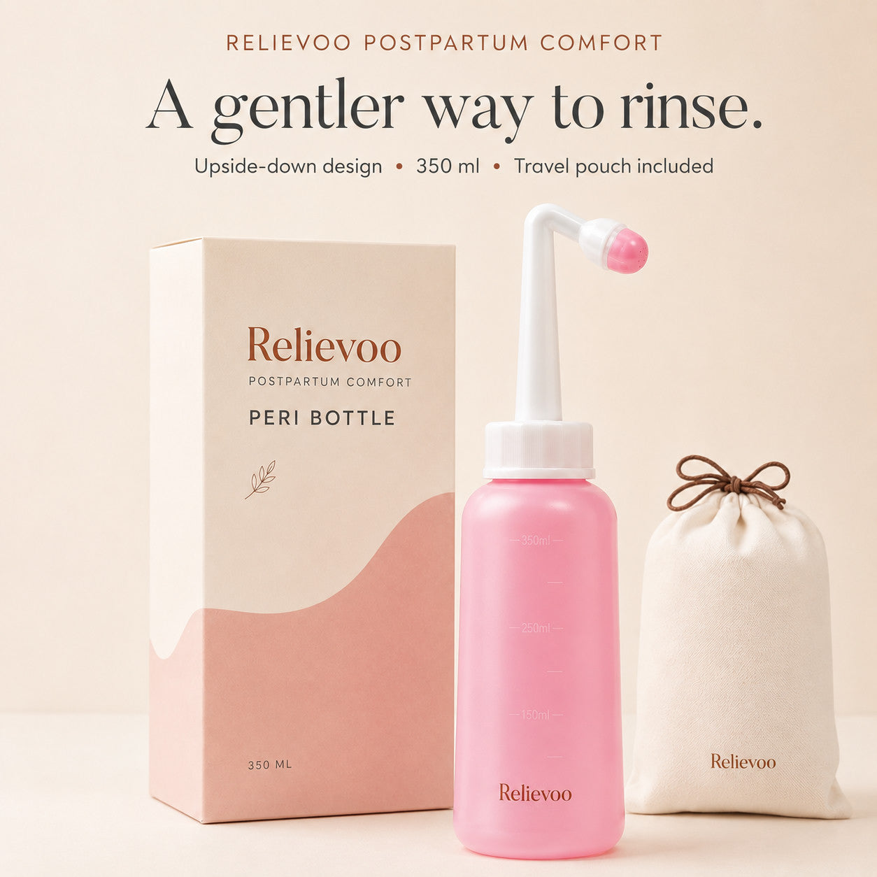 Relievoo postpartum peri bottle with its 350 ml box and cotton travel pouch on a cream background