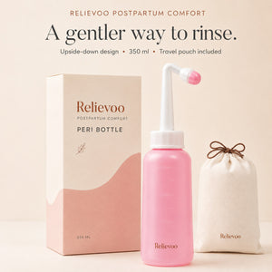 Relievoo postpartum peri bottle with its 350 ml box and cotton travel pouch on a cream background rvpumpen rvhasar