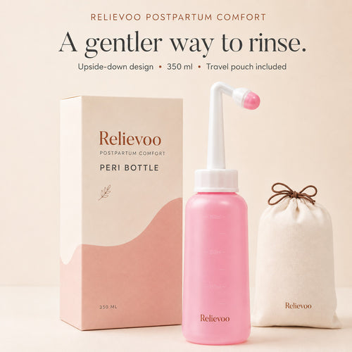 Relievoo postpartum peri bottle with its 350 ml box and cotton travel pouch on a cream background