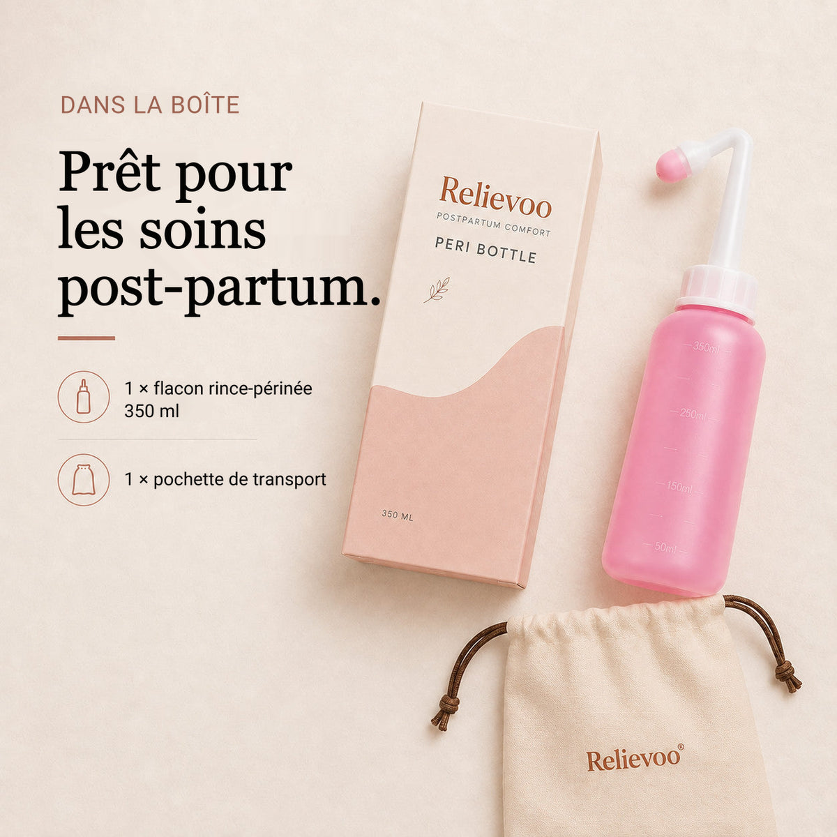 Contenu de la boîte : un flacon rince-périnée Relievoo de 350 ml et une pochette de transport, avec l’emballage