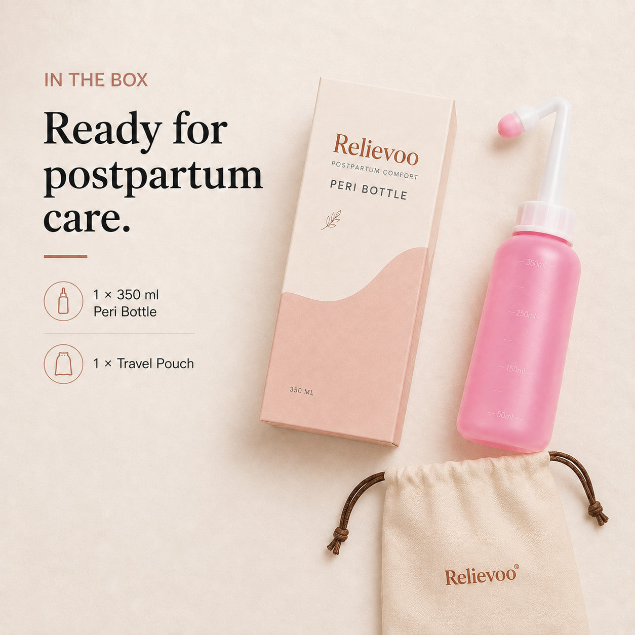 What is in the box: one 350 ml Relievoo peri bottle and one travel pouch, shown with the packaging