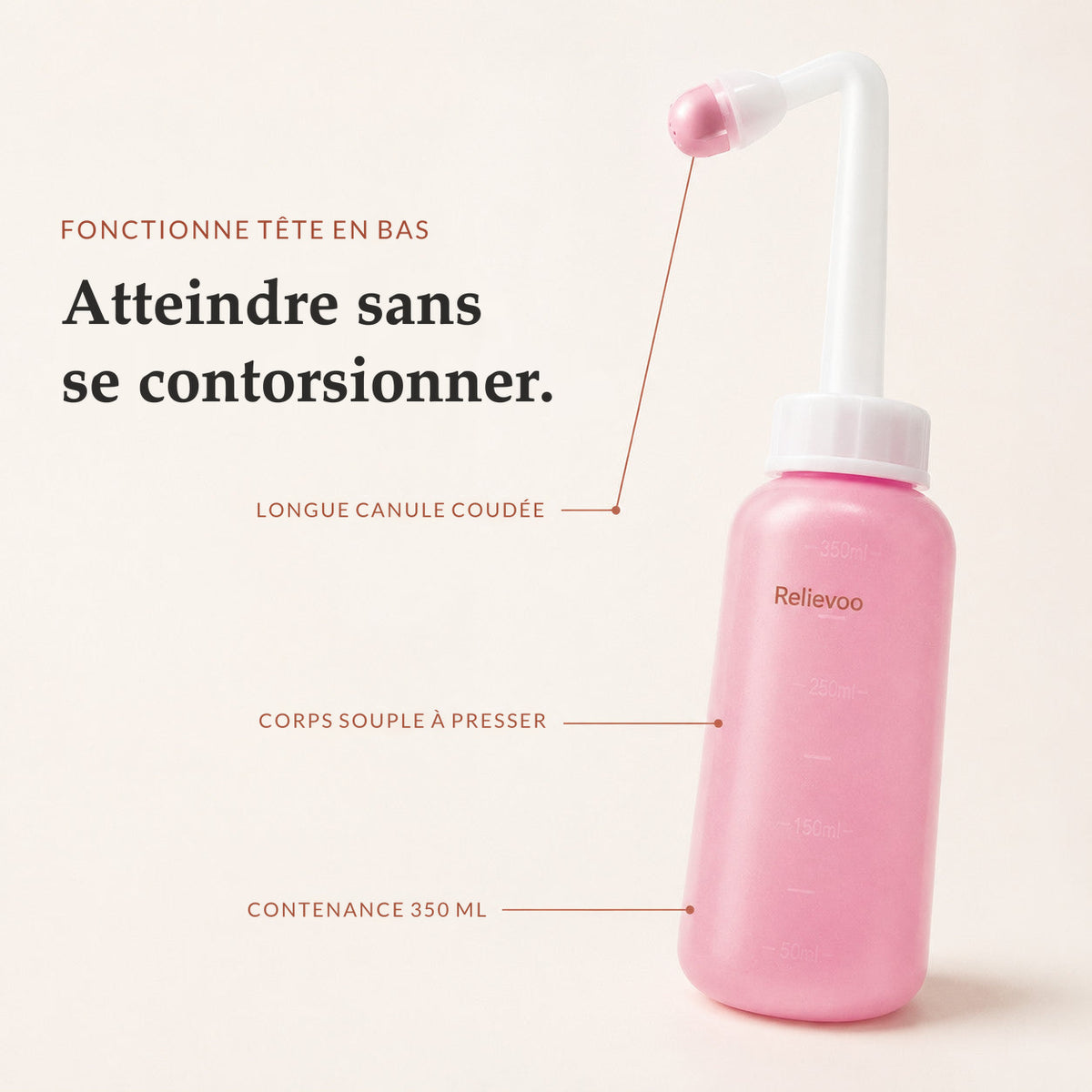 Flacon rince-périnée Relievoo légendé : longue canule coudée, corps souple à presser et contenance de 350 ml