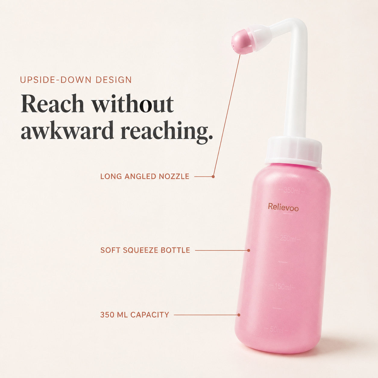 Relievoo peri bottle labelled with its long angled nozzle, soft squeeze bottle and 350 ml capacity