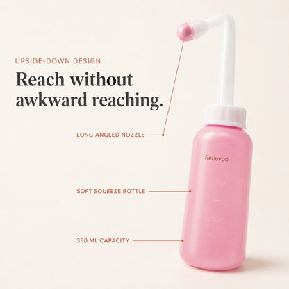 Relievoo peri bottle labelled with its long angled nozzle, soft squeeze bottle and 350 ml capacity