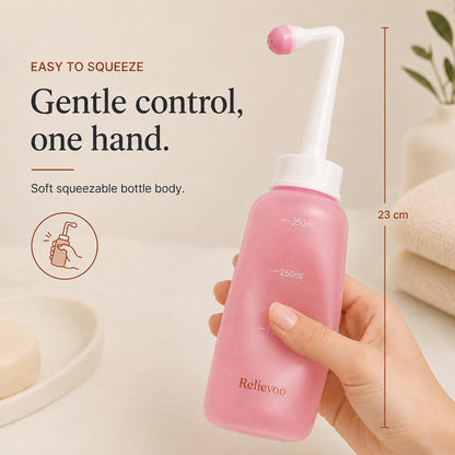Hand squeezing the 23 cm Relievoo peri bottle with one hand