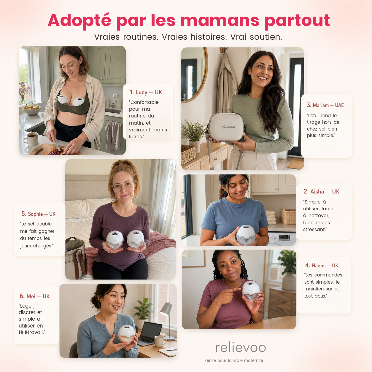 Retours de six mamans sur le tire-lait sans fil Relievoo M22 PRO2 : confort, nettoyage, discrétion et étui de transport